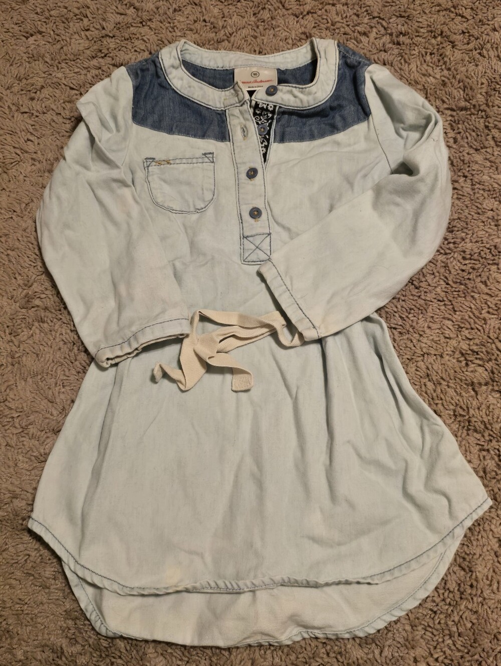 Hanna Andersson Girls Chambray Denim Dress Size 90 US 3T Long Sleeve Floral Trim